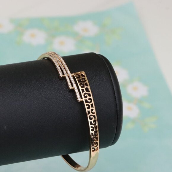 Rose Gold Bangle with Cutout Scroll Design and Triple Row Stones, XPBL0526 - Picture 7 of 12